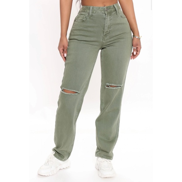 High Waisted Ripped Mom Jeans - Olive - Picture 2 of 7